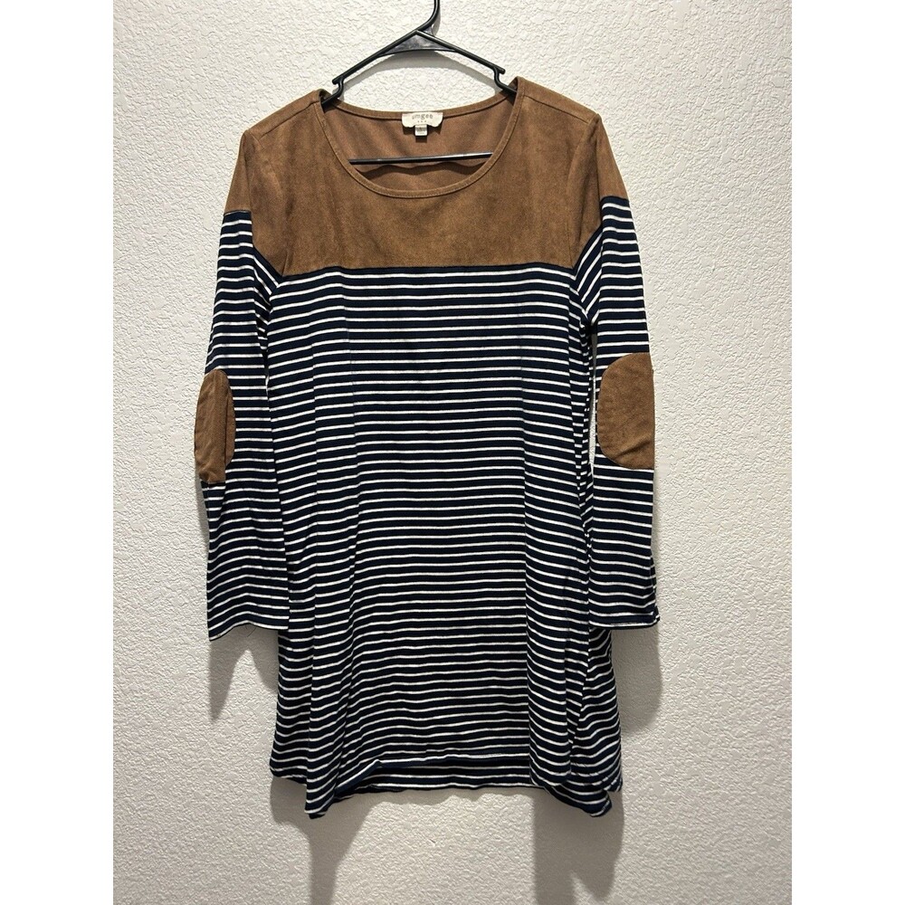 Umgee Women's L Striped Faux Suede Tunic Dress Elbow Patches Cabin Lagenlook